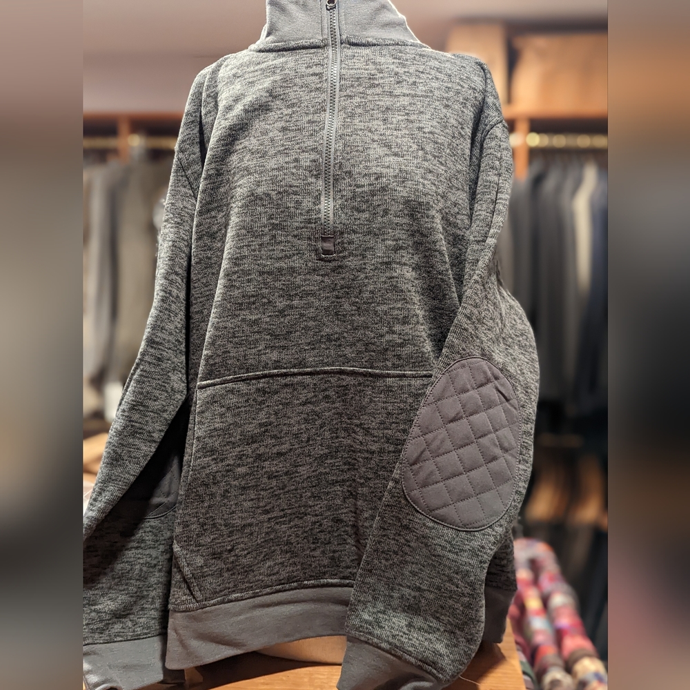 Fleece lined half zip sweatshirt with kangaroo pockets and elbow patches. XXL